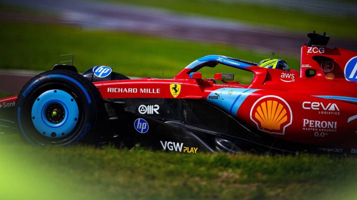 A trackside shot of Oliver Bearman testing the Ferrari SF-24 at Fiorano