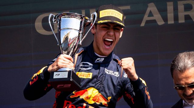 Red Bull junior Arvid Lindblad celebrates on the Bahrain F3 2024 podium