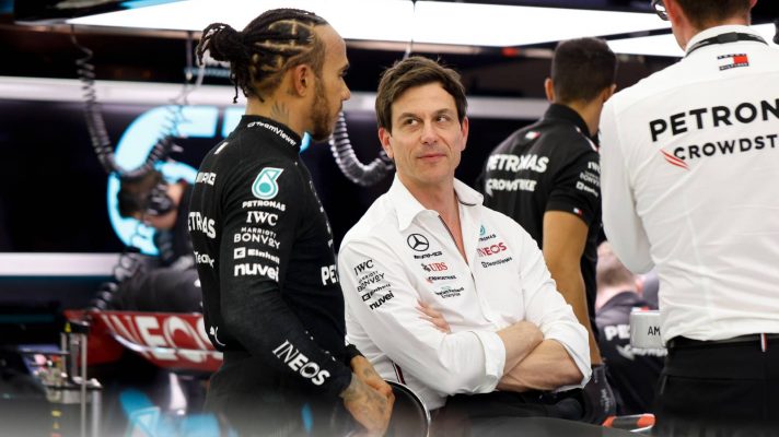 Toto Wolff and Lewis Hamilton in the Mercedes garage at the 2023 Bahrain Grand Prix