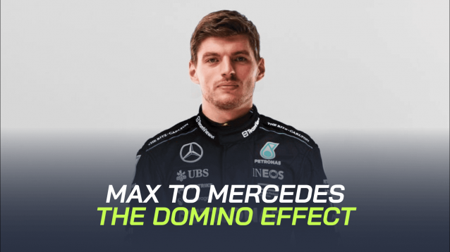 A mockup image of Max Verstappen in Mercedes overalls with a banner reading: 'Max to Mercedes: The domino effect'