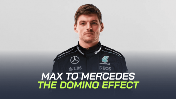 A mockup image of Max Verstappen in Mercedes overalls with a banner reading: 'Max to Mercedes: The domino effect'