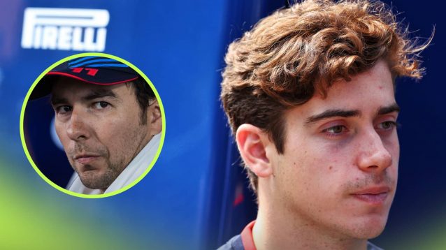 Franco Colapinto looks on with an inset of Sergio Perez looking concerned