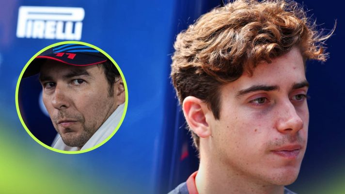 Franco Colapinto looks on with an inset of Sergio Perez looking concerned