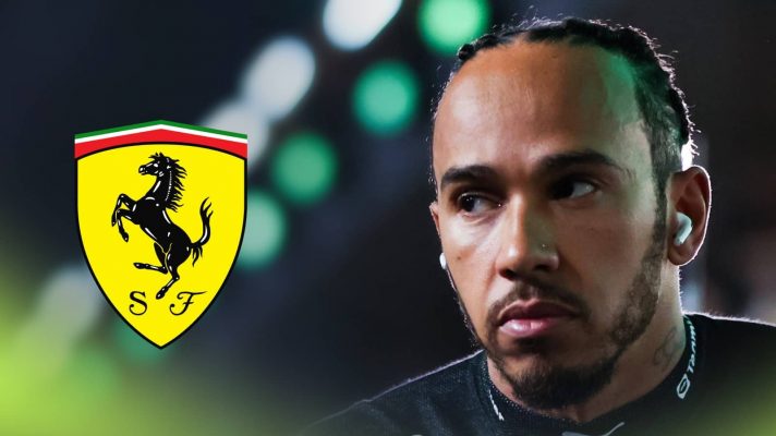 Lewis Hamilton looks intense with a Ferrari logo alongside him