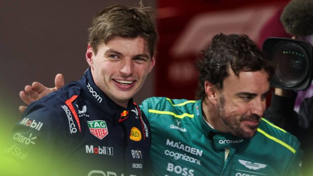 Max Verstappen and Fernando Alonso smiling in parc ferme in Las Vegas