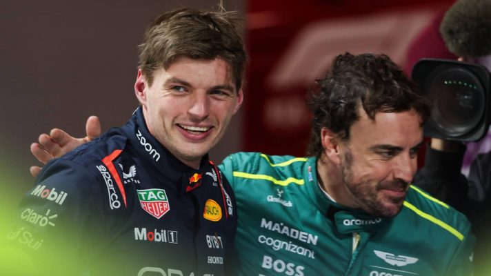 Max Verstappen and Fernando Alonso smiling in parc ferme in Las Vegas