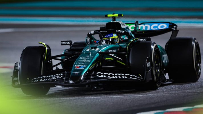 Fernando Alonso on track under the lights in Abu Dhabi 2024
