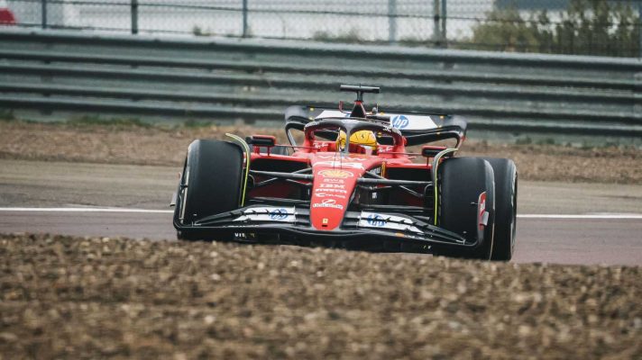 Lewis Hamilton exits a corner at Fiorano.