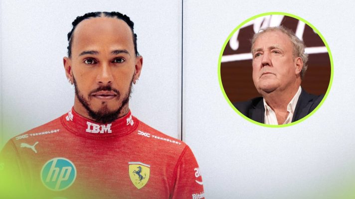 Lewis Hamilton poses in Ferrari kit with an inset of Jeremy Clarkson