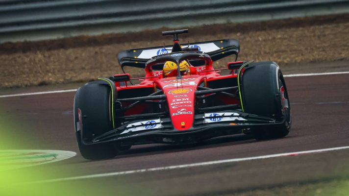 Lewis Hamilton rounds a corner in the Ferrari SF-23 at Fiorano