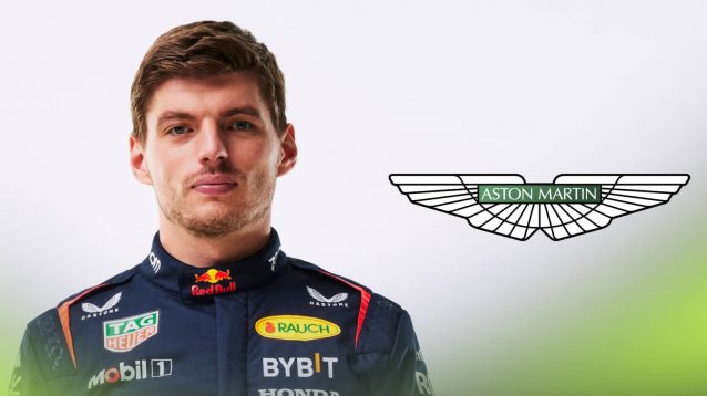 A studio shot of Max Verstappen wearing Red Bull overalls with an Aston Martin logo alongside him
