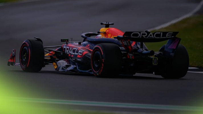 Max Verstappen in action in gloomy conditions at Silverstone in 2024