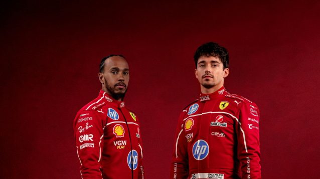 Lewis Hamilton and Charles Leclerc modelling Ferrari's F1 2025 race overalls