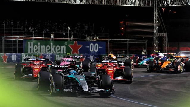 George Russell leads the field at the start of the 2024 Las Vegas Grand Prix