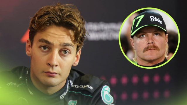 George Russell looks alarmed with an inset of Valtteri Bottas