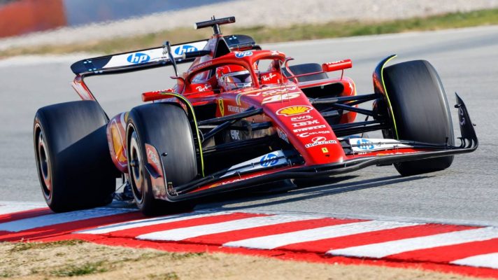 Ferrari's Charles Leclerc on track at a Pirelli tyre test in the 2024 Ferrari.