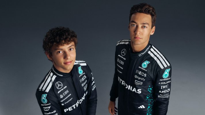 Kimi Antonelli and George Russell in the Mercedes 2025 adidas kit