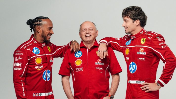 Lewis Hamilton, Fred Vasseur, Charles Leclerc smile as they pose in a playful image for Ferrari