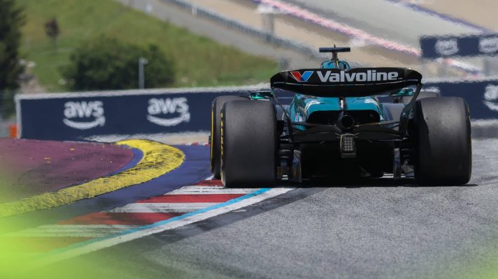 A rear-facing shot of Lance Stroll's Aston Martin running over the exit kerb in Austria