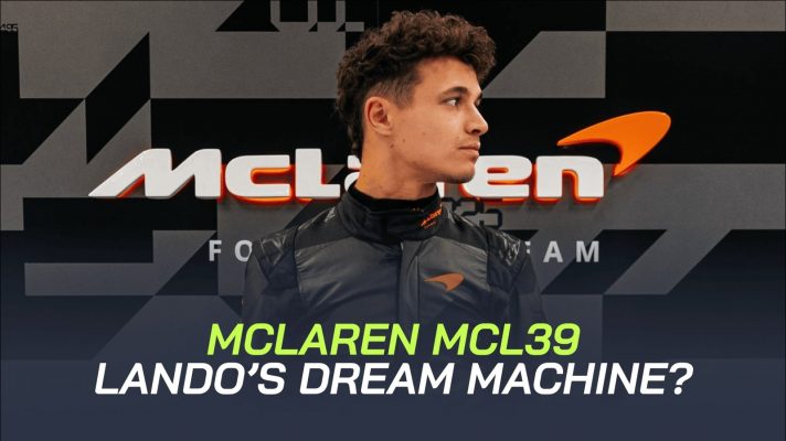 Lando Norris looking to the side with a banner positioned centre bottom reading: 'McLaren MCL39: Lando's dream machine?'