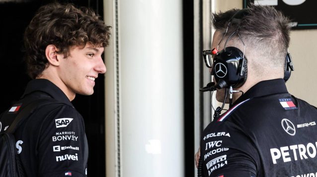 Kimi Antonelli and his race engineer Peter Bonnington in the Mercedes garage at the Abu Dhabi 2024 post-season test