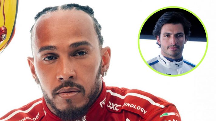 A studio-shot of Lewis Hamilton looking moody and an inset of Carlos Sainz in Williams overalls