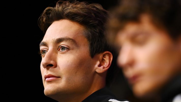George Russell sits alongside Kimi Antonelli