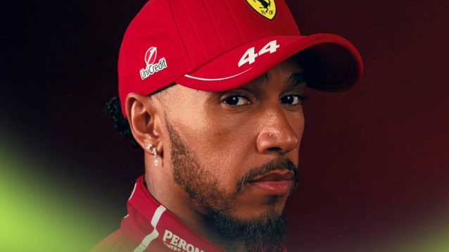 Lewis Hamilton looks at the camera for a Ferrari SF-25 launch shot