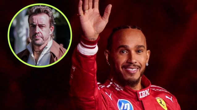 Lewis Hamilton, in his Ferrari race suit, waves to the crowd, with Fernando Alonso in a circle top left