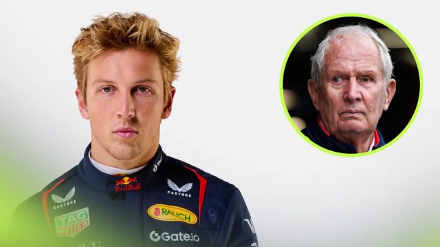 A studio shot of Liam Lawson in Red Bull overalls with an inset of Helmut Marko