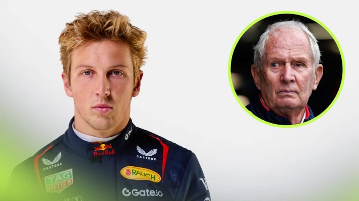 A studio shot of Liam Lawson in Red Bull overalls with an inset of Helmut Marko