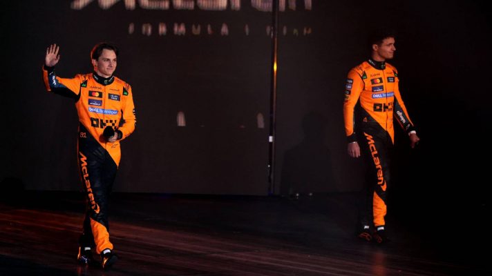 McLaren's Oscar Piastri and Lando Norris at the F175 launch at the O2 Arena in London.