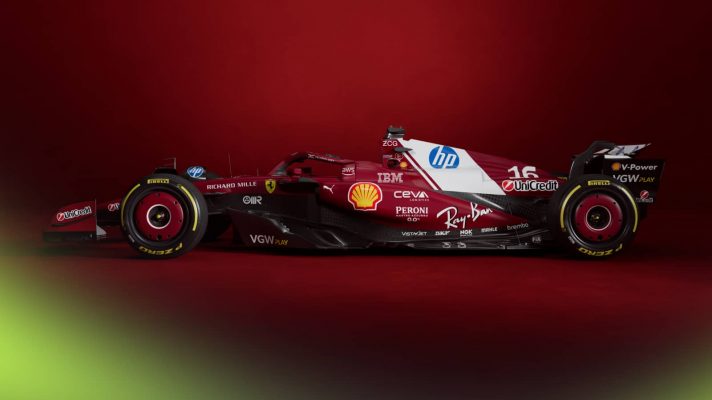 A side-profile launch shot of the Ferrari SF-25 car against a red background