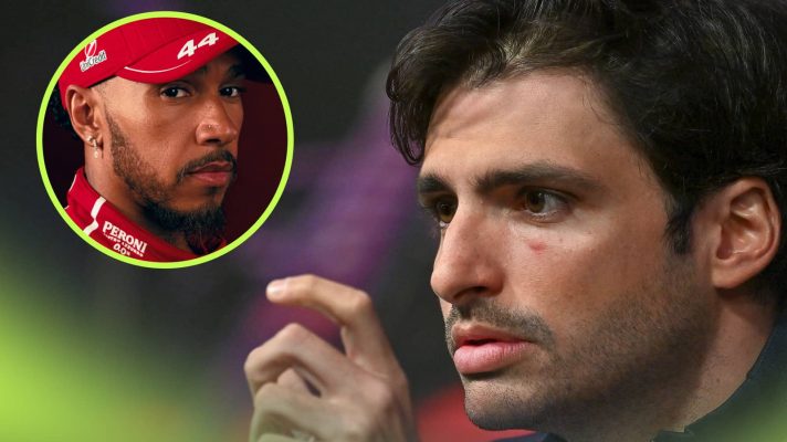 Carlos Sainz looks alarmed in a press conference with an inset of Lewis Hamilton in Ferrari uniform