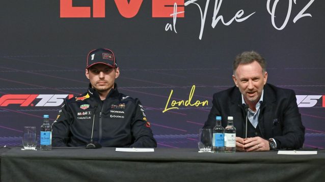 Red Bull's Max Verstappen and Christian Horner speaking at the F1 75 season launch event in London