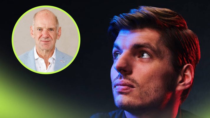A studio shot of Max Verstappen looking to the side with an inset of Adrian Newey alongside him