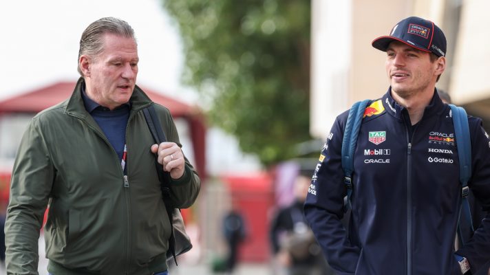 Jos and Max Verstappen arrive in the pits at Bahrain.
