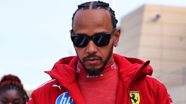 Ferrari's Lewis Hamilton in the paddock at F1 testing 2025 in Bahrain