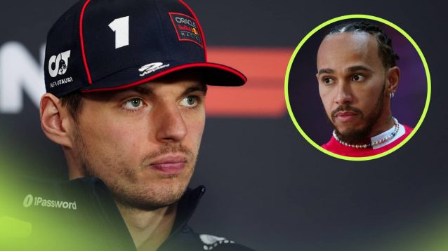 Max Verstappen looks on in a press conference with an inset of Lewis Hamilton