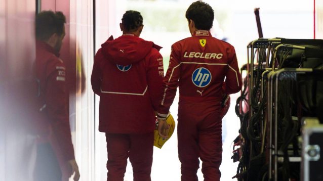 Ferrari's Lewis Hamilton and Charles Leclerc pictured from behind at Bahrain F1 2025 testing