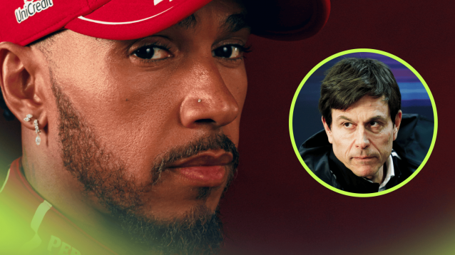 Lewis Hamilton poses wearing a Ferrari cap with an inset of Toto Wolff
