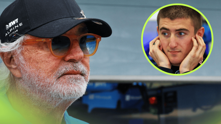 Flavio Briatore wearing an Alpine cap while stood outside the garage with an inset of Jack Doohan with his fingers in his ears