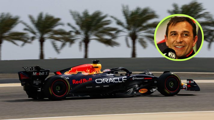 Red Bull's RB21 on track during F1 testing in Bahrain 2025.