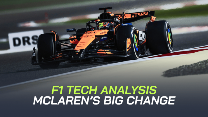 Oscar Piastri on track with the McLaren MCL39 in Bahrain with a banner reading: 'F1 tech analysis: McLaren's big change'
