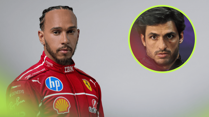 A studio shot of Lewis Hamilton wearing Ferrari overalls with an inset of Carlos Sainz