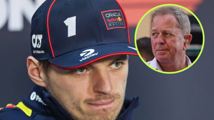 A stern looking Max Verstappen with Martin Brundle in a circle top right