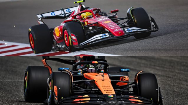 Lewis Hamilton in the Ferrari SF-25, above Lando Norris driving the McLaren MCL39