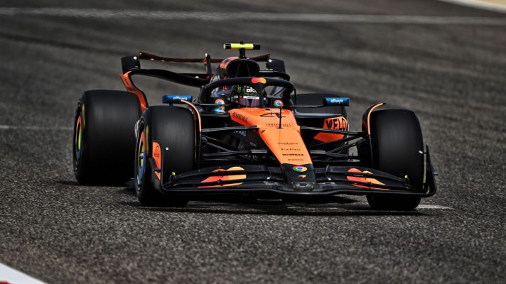 Lando Norris driving the McLaren MCL39 in Bahrain testing