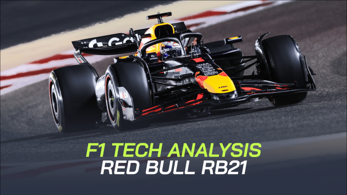 Max Verstappen on track with the Red Bull RB21 in Bahrain with a banner reading: 'F1 tech analysis: Red Bull RB21'