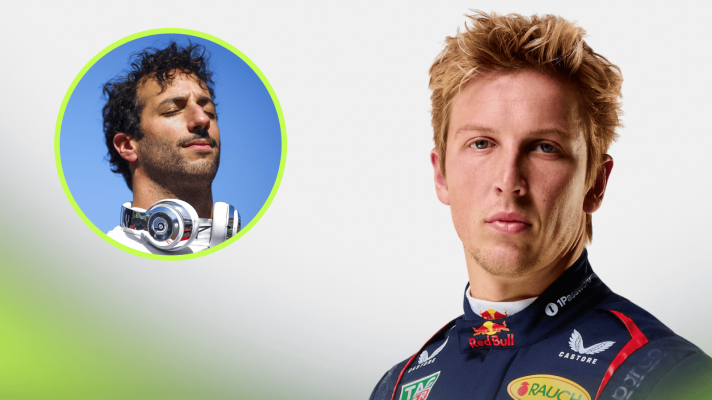 A studio shot of Liam Lawson in Red Bull overalls with an inset of Daniel Ricciardo